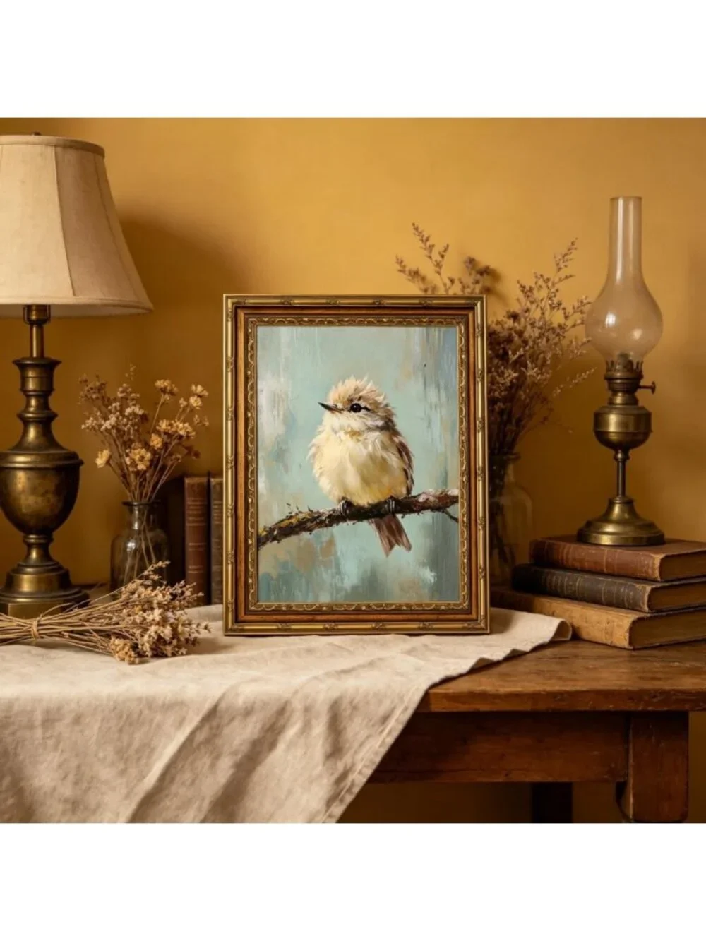 Vintage Gold Framed Bird Canvas Art - Beige Sparrow Wall Decor for Home